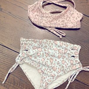 Designer high waisted pastel pink, pastel blue, and gray leopard bikini size 6.